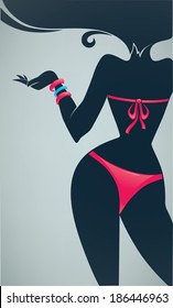 vector summer background with image of girl in red swim suit