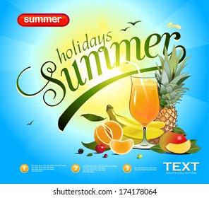 Vector summer background with the image of tropical fruits