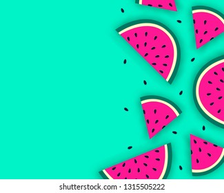 Vector summer background with juicy ripe watermelon slices in paper cut style. Healthy food illustration.