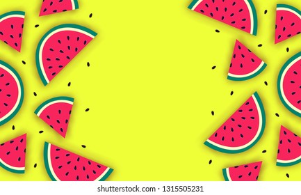 Vector summer background with juicy ripe watermelon slices in paper cut style. Healthy food illustration.