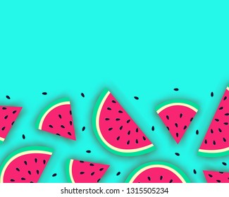 Vector summer background with juicy ripe watermelon slices in paper cut style. Healthy food illustration.