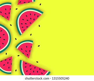 Vector summer background with juicy ripe watermelon slices in paper cut style. Healthy food illustration.