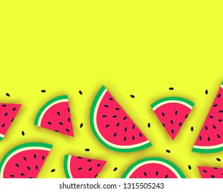 Vector summer background with juicy ripe watermelon slices in paper cut style. Healthy food illustration.