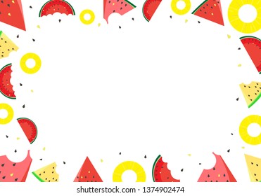 Vector summer background with juicy ripe watermelon and pineapple slices. Flat icon slices of watermelon and pineapple. Healthy food illustration.