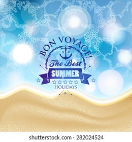 Vector summer background with label in the middle and foam with waves and beach sand. Part of the land and the sea, ocean, background for summer design.