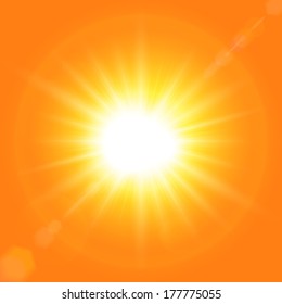 Vector summer background with a magnificent summer sun burst with lens flare. Summer natural background with vector sun.