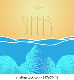 Vector summer background with ocean and seashell, sea snail shell background illustration