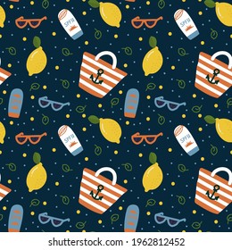 Vector Summer background on dark. Children's pattern with sun glasses, beach bag everything for relaxing. Texture a weekend on the beach in a doodle style for textiles. Vector illustration