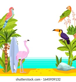 Vector summer background with palm, toucan, banana, parrot, flamingo, surfboard on the sand. Tropical seashore landscape with ocean, exotic plants and birds. Banner for sales, advertisements, flyers
