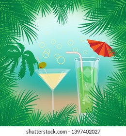 Vector summer background with palm trees, beach ,sea,cocktails framed with palm branches