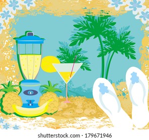 vector summer background with palm trees  and fruity drink