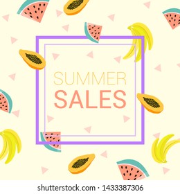 Vector summer background with papaya, watermelon and banana with description summer sales. Creative exotic  backdrop in trend colors for advertising banners, wrapping paper, wallpaper, print for cloth