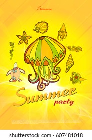 Vector summer background with summer sea life and cute lettering