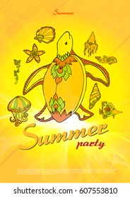 Vector summer background with summer sea life and cute lettering
