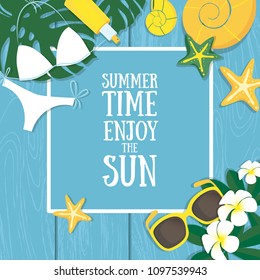 Vector summer background. Seashells, starfish, bikini, cream, sunglasses, tropical plants and flowers on blue background with wooden texture.