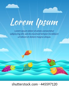 Vector summer background with sky, sea and fish. Cartoon illustration.