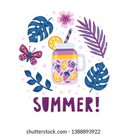 Vector Summer Background With Smoothie In The Mason Jar, Butterfly, Leaves Of Exotic Plants And Hand Written Text “Summer!”.