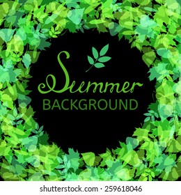 Vector summer background. Spring hand-drawn leaves on black background. There is place for your text in the center.