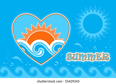 vector summer background with sun and waves in heart