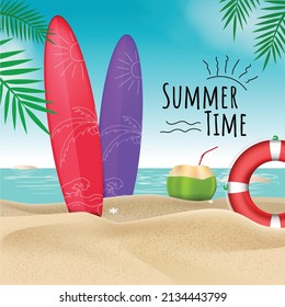 Vector summer background with surf boards, lifebuoy guard and coconut