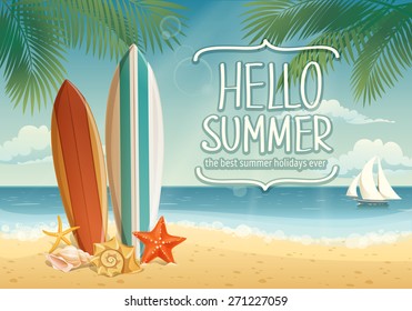 Vector summer background with surf boards and lettering 