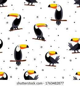 Vector summer background. Toucans on dot background. Summer print, paper or textile design. Element of seamless pattern. Funny pattern for fabric.
