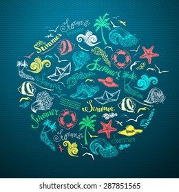 Vector summer background. Travel and vacation symbols in circle for your design. 