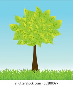 vector summer background with tree and grass.