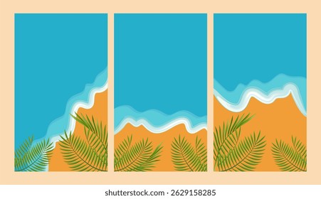 Fondo de verano de Vector con playa tropical, olas del océano y hojas de palma verde. Ilustración costera brillante y vibrante perfecta para promociones de temporada, volantes de vacaciones, invitaciones de fiesta en la playa.