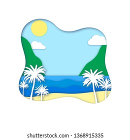 Vector summer background with tropical palm trees, sea and mountains. Summer time template in paper cut layer style with copy space for your text. Concept of exotic travel, advertising, spa, design.