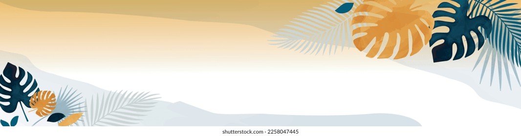 Vector summer background. Tropical silhouettes. Palm leaves and monstera leaves. Banner mockup.