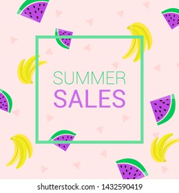 Vector summer background with watermelon, banana and tropical leaves in trend colors. Colorful exotic  backdrop for cafe menu cover, design banners, wrapping paper, wallpaper, print for clothes, web. 
