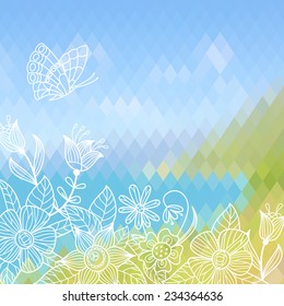 Vector summer background whit graphic flowers and butterfly.