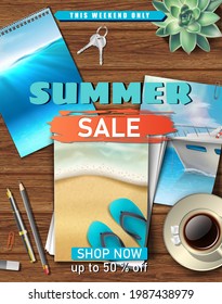 Vector summer background with wooden table and pictures of the ocean and sand beach on it. Summer sale.