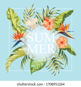 Vector summer background.Tropical illustration with palm leves, hibiscus flowers and srtelitzia. Exotic bouquet.