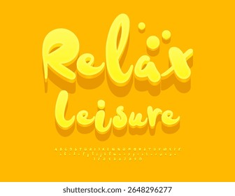 Vector Summer badge Relax Leisure. Sunny Yellow Font. Funny 3D Alphabet Letters and Numbers set. 