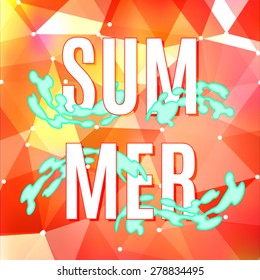 Vector summer badge with water splash illustration. Text on geometric abstract background. High quality design element. Eps10