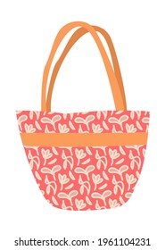 Vector Summer bag with pink floral pattern and beige handles. 
Female accessory for shopping. Ideal for summer poster, card.
