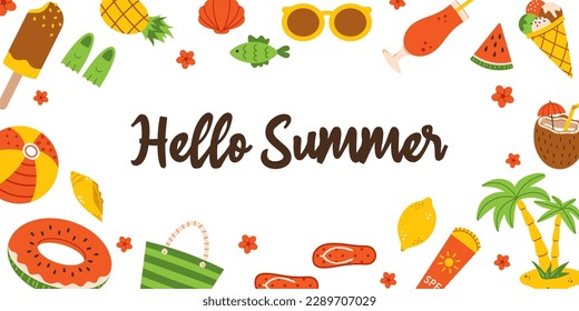 Vector summer banner. Background with palm tree, ice cream, sunglasses, lemon, cocktail, coconut, watermelon and Hello Summer text. Happy tropical illustration for beach party or summer journey. 