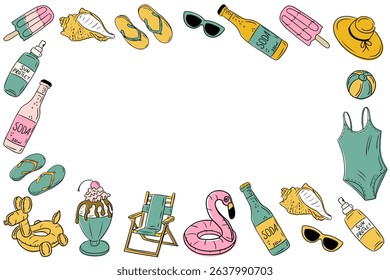 Vector summer banner with beach items forming a colorful frame on white background. Vacation and tropical leisure concept featuring seasonal objects in a playful hand drawn style