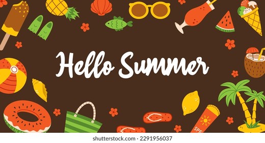 Pancarta de verano vectorial con fondo marrón. Antecedentes con palmeras, helado, gafas de sol, limón, cóctel, coco, sandía y texto de Hello Summer. Feliz ilustración tropical para la fiesta en la playa.