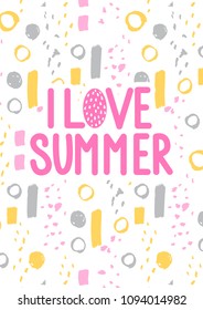 Vector Summer banner. Cartoon style. Colorful illustration. I love summer. Bright card for party decoration, poster. Abstract pattern.