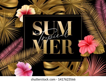 Vector summer banner with gold and green tropical leaves, colorful flowers on dark background