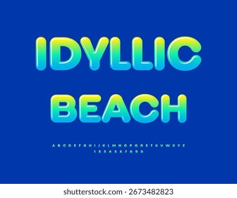 Vector Anuncio de verano Playa idílica. Fuente creativa. Conjunto de letras y números de alfabeto redondo brillante.
