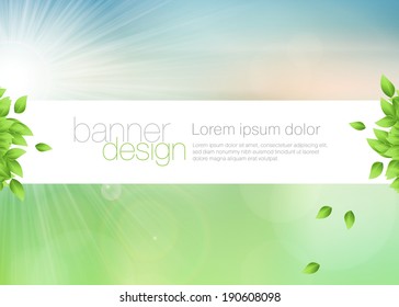 Vector summer banner over blurred photographic background. Bright sunny day backdrop with green leaves.