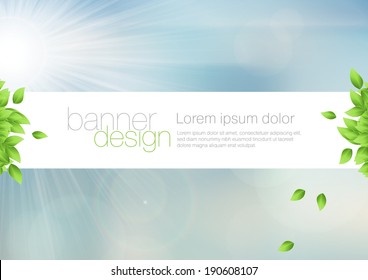 Vector summer banner over blurred photographic background. Bright sunny day backdrop with green leaves.