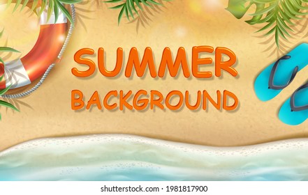 Pancarta vectorial de verano con arena con vigas de sol y hojas tropicales, zapatillas y anillo inflable. 