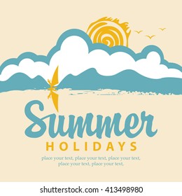 vector summer banner with sea, sun and surfer