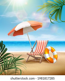 Vector summer banner with sunbed with umbrella and inflatable ring on the sand  with sunbeams and tropical leaves and waves of the ocean. 