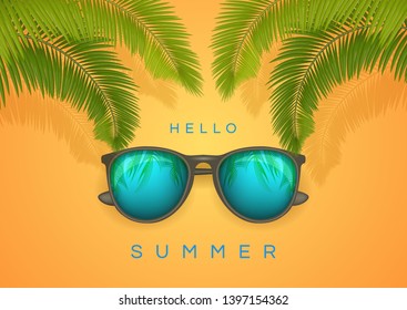 Vector Summer banner with text Hello Summer and palm branch Happy bright concept in yellow background for Summer Season. Stock Illustration